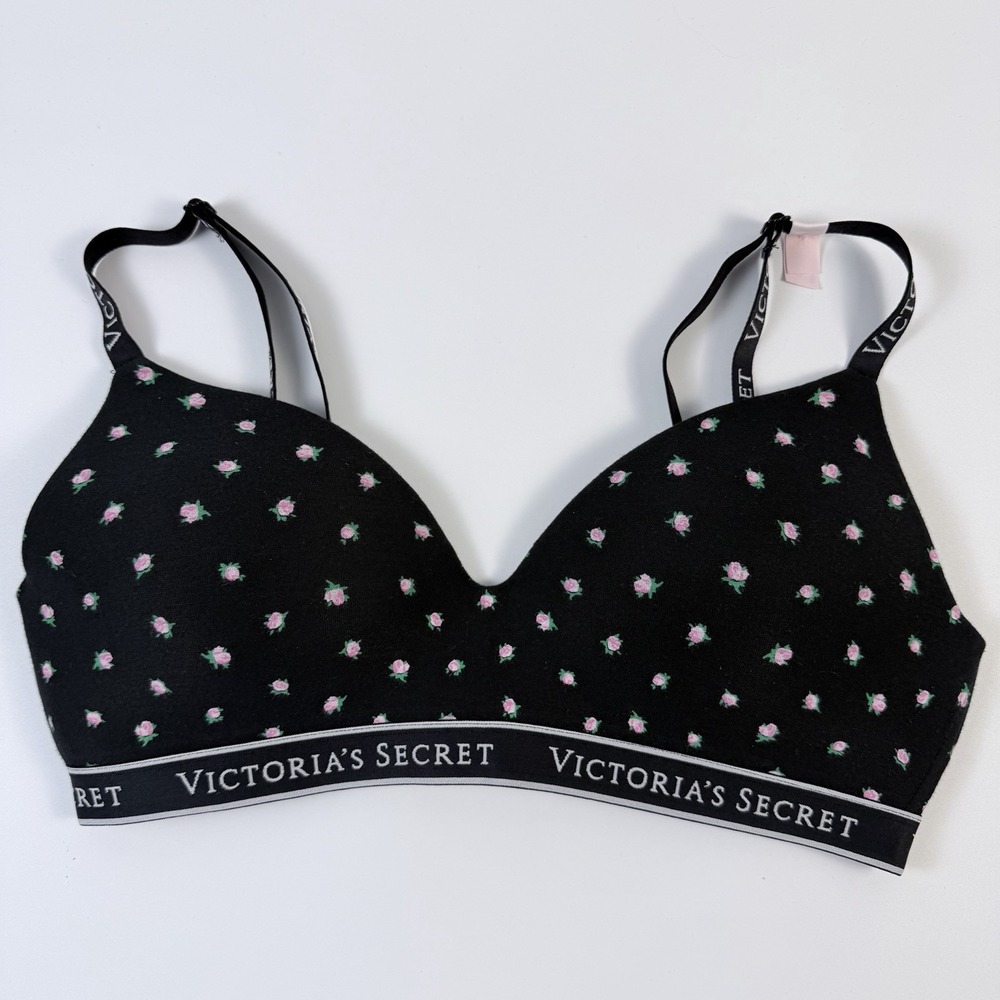 Victoria's Secret The T-shirt Lightly Lined Wireless Cotton Black Floral Bra 34D